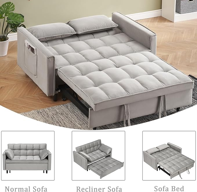 55 Sleeper Loveseat3 in 1 Sofa BedPull Out Couch Bed with 2 Pillows and Side PocketsVelvet Convertible Bed for Small Spaces Living Room (Gray)