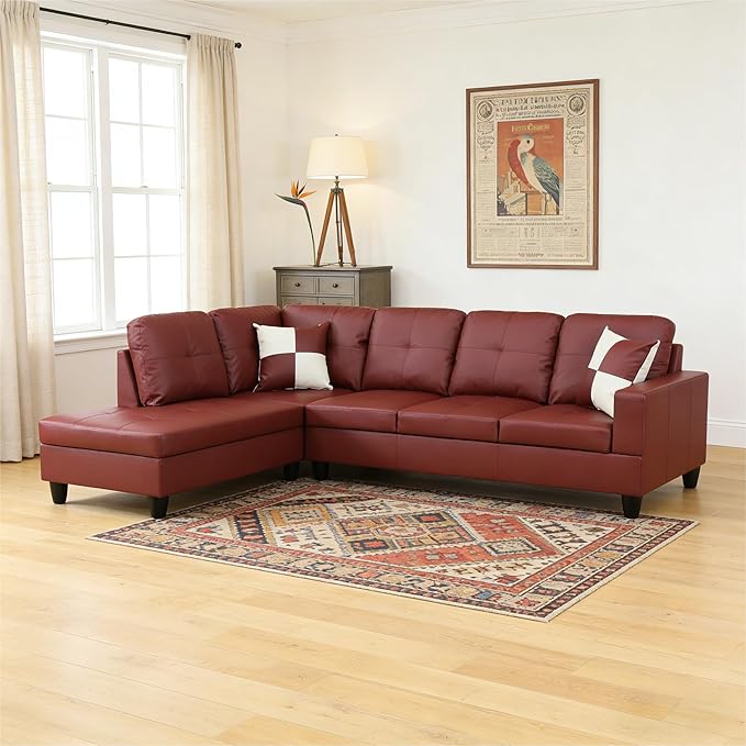 103.5 Inch Modern L-Shaped Couch Faux Leather Sectional Sofa with Chaise Lounge 4-Seater Couch with Accent Pillows for Living Room Apartment Dark Red