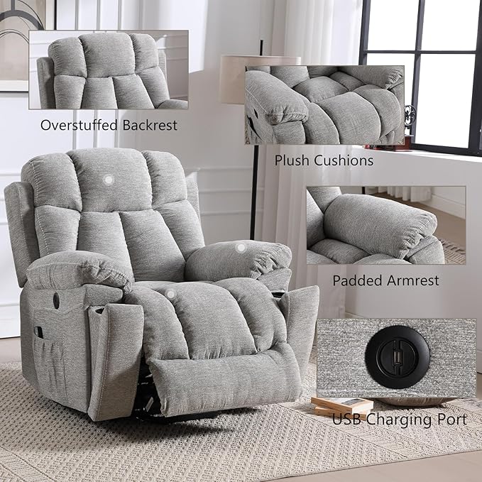 CANMOV Large Power Lift Recliner Chairs with Massage and Heat for Elderly Big People Heavy Duty Motion Reclining Mechanism-Anti Skid Fabric Recliner Chair with 2 Concealed Cup Holders Smoke Gray