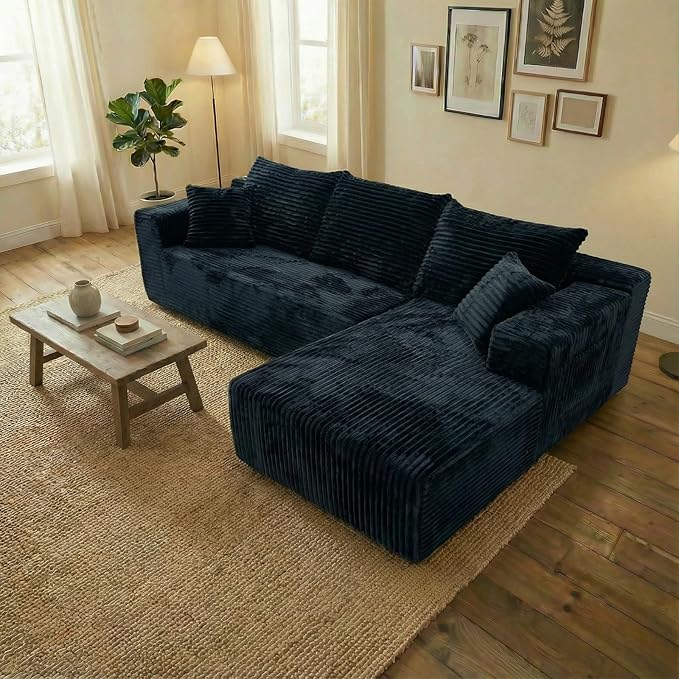 Boneless Couch for Living Room No Assembly Required Cloud Couch Modular Sectional Sofa with Plush Corduroy Fabric Minimalist Oversized L-Shaped Couch with Chaise Fluffy Pillows and Cushion.