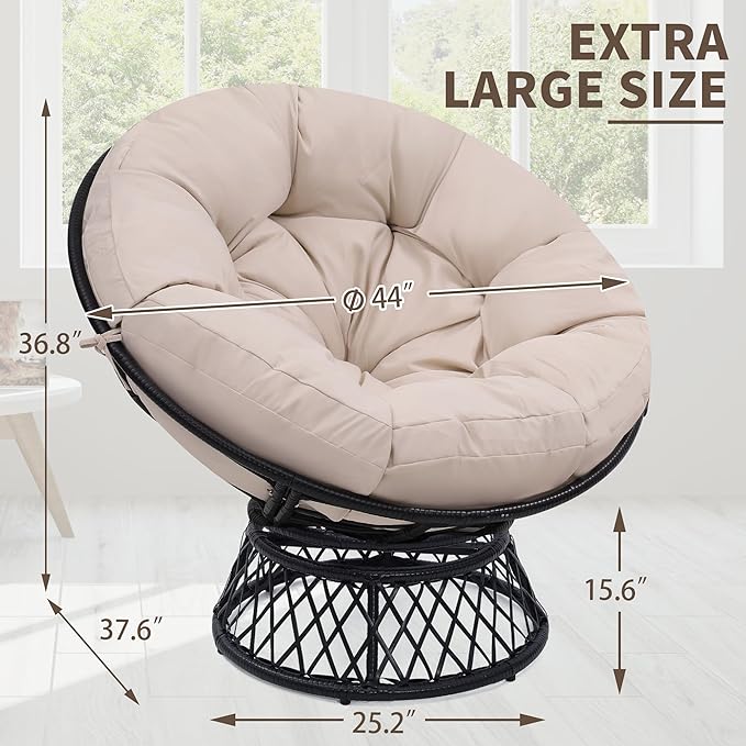 46 Giant Oversized Ergonomic Rattan Papasan Chair with Soft Thick Cushion for Adults Fluid 360° Swivel Waterproof Black Frame with Beige Cushion