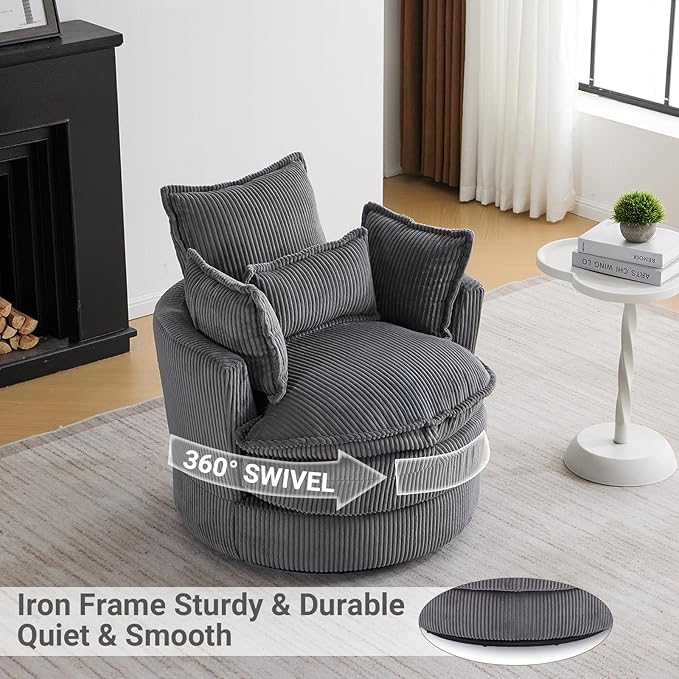 Karl home Swivel Barrel Chair-Corduroy360 Degree Modern Lounge Armchair ChairComfy Round Accent Single Sofa Chair with 3 Pillows for Living RoomBedroomLoungeHotelGrey