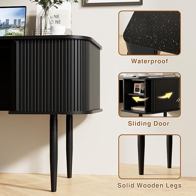 55 Modern Writing Desk with Sliding Doors Wood Home Office Desk with Storage Computer Desk for Study Living Room Dorm Black