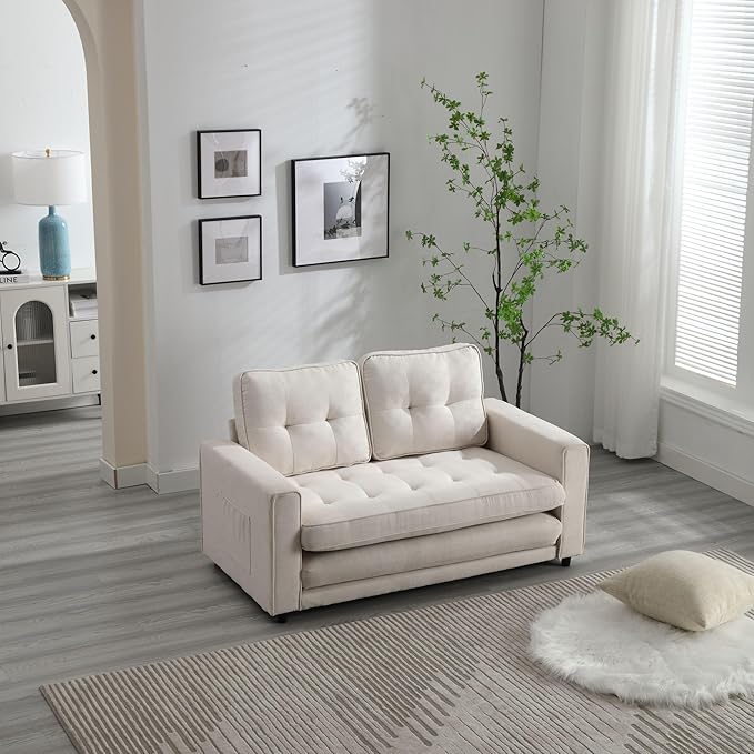 ERYE 55-Inch Loveseat Sofa with Pull Out Sleeper Couch Bed 3-in-1 Convertible Sleeper Sofabed W/Side Storage Pockets Modern 3 Fold Tufted Upholstered Pull Out Sofa Bed for Living Room Bedroom