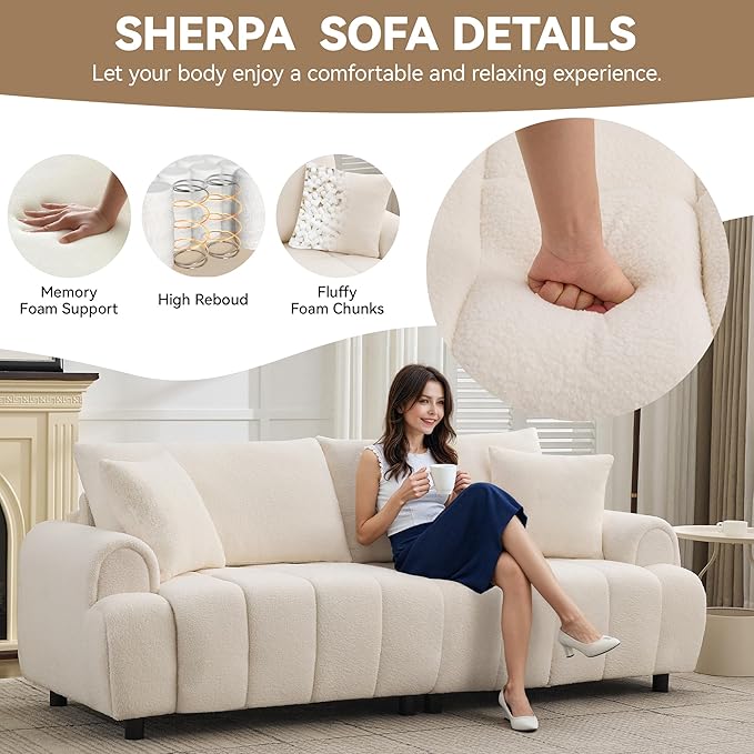 88 Modern Boucle Sofa Couch Oversized Comfy 3 Seater Sherpa Curved Sofas Deep Seat Upholstered Loveseat Teddy Round Arm Couches for Living Room Bedroom Beige