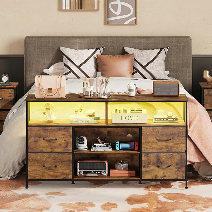 WLIVE TV Stand Dresser for 505560 inch TV Entertainment Center with LED Lights &amp Fabric Drawers Dresser TV Stand for Bedroom and Living Room with Open Shelves Rustic Brown