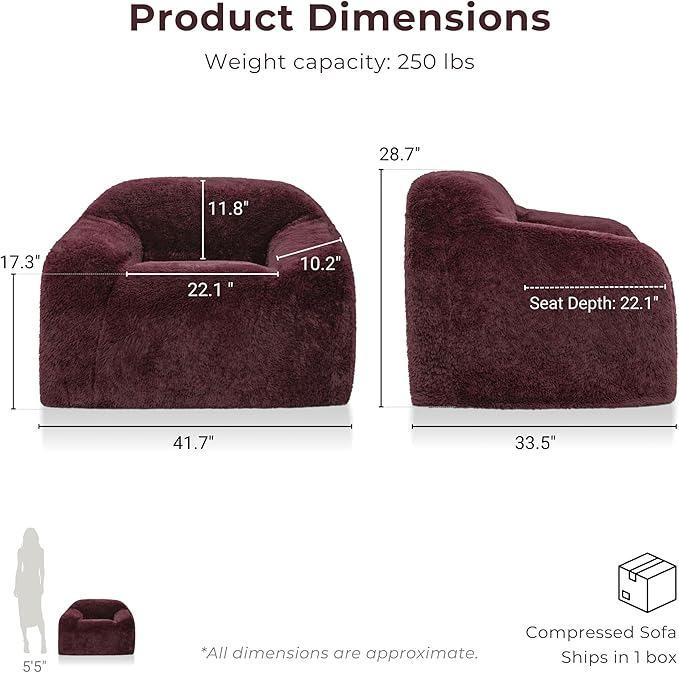 24/7 Shop at Home Garel Modern Upholstered Foam Sofa Chair with Curved Back and Arm Compressed Couch in a Box No Assembly Required for Home Theater and Living Room Red Wine