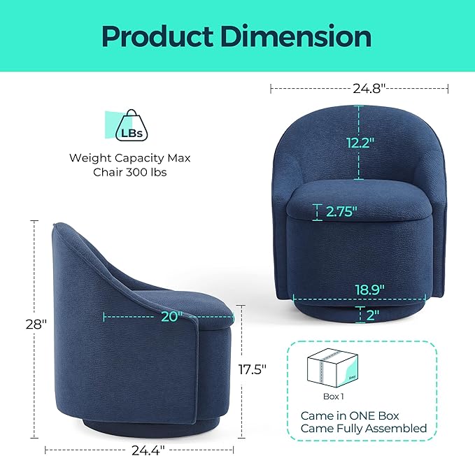 LINSY Swivel Accent Chair with Storage Comfy Chenille Barrel Chairs Small 360 Swivel Modern Armchair for Living Room Bedroom Boucle Reading Chair for Study Room (Blue)