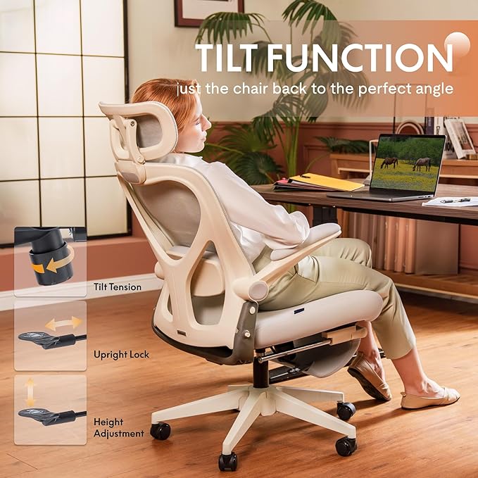 FLEXISPOT Foldex Office Folding Chair Ergonomic Chair for Small Spaces with Lumbar Support Flip-up Armrests 3D Headrest Desk Chairs with Footrest for WorkVideo Game Cream