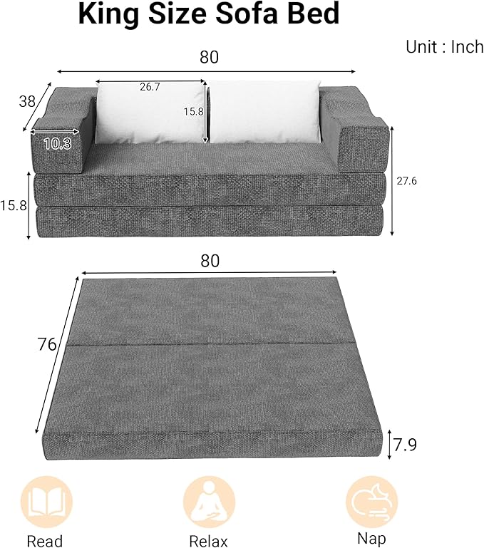 80 Foldable Chenille Futon Sofa Bed 4-in-1 Convertible Couch with 2 Pillows King-Size Floor Lounger for Living Room Guest Room Dorm - No Assembly (Gray 80in)