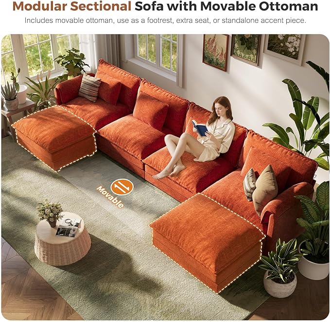 ABCASA Oversized 150 U Shaped Couch Modular Sectional Sofa 6-Seat Comfy Cloud Couch with 4 Pillows Deep Seat Couches for Living Room Bedroom and Apartment Chenille Orange