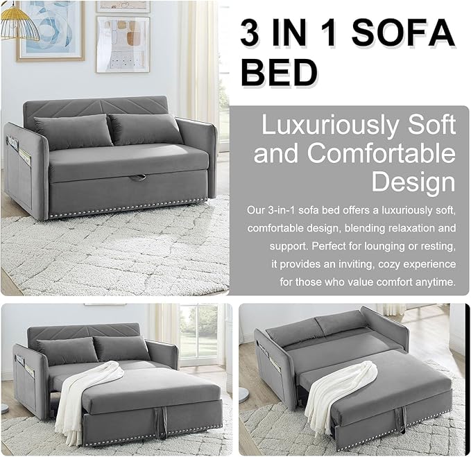 3 in 1 Convertible Sleeper Futon Sofa Bed 55 Velvet Small Loveseat Lounge Couches with 2 Pillows Reclining Backrest USB Ports &amp Side Pockets for Living Room Pull-Out Couch Light Grey