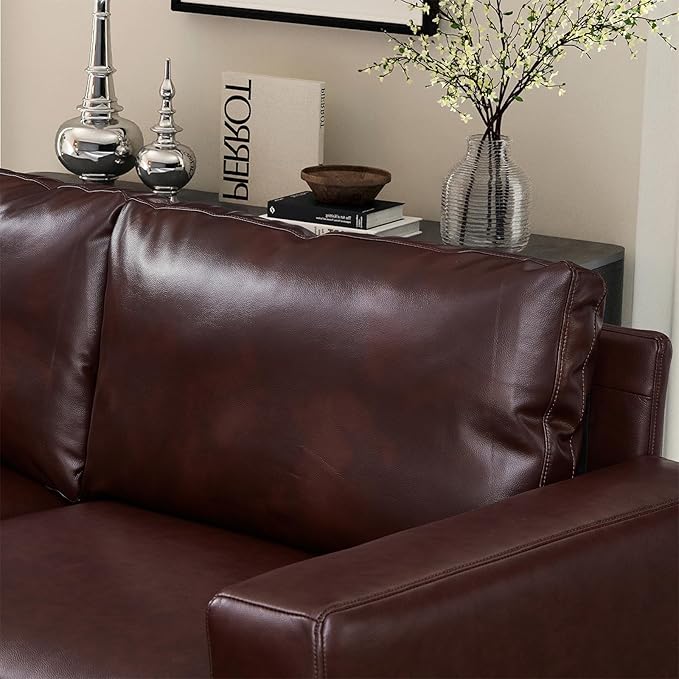 Mid-Century Modern Sofa with Movable Ottoman PU Leather 3-Seater Couch with Solid Wood Legs Lounge Comfy L-Shaped Sofa Upholstered Modular Sectional Couch for Living Room Bedroom(112W Burgundy)