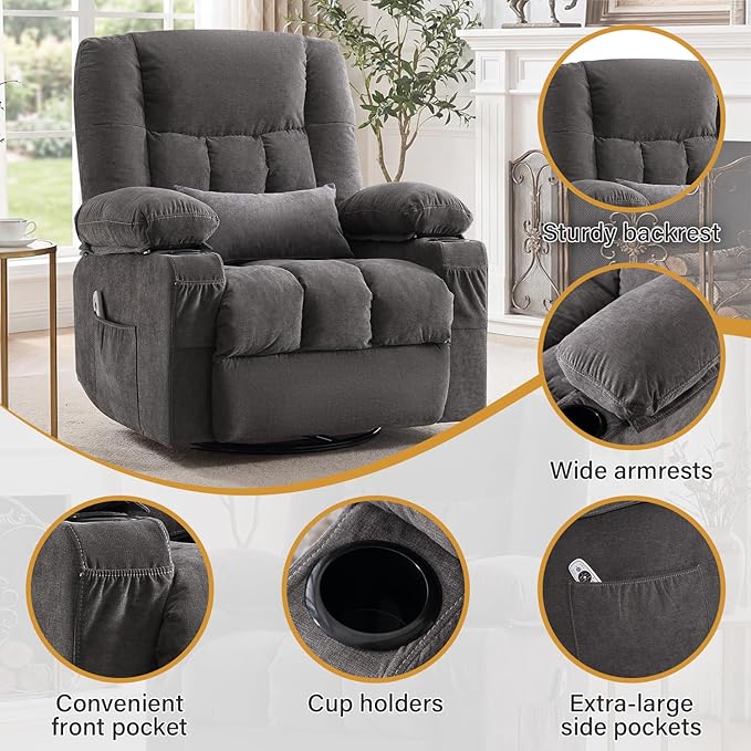 Swivel Recliner Chair for Adults with Vibration Massage and Lumbar Heat Ergonomic Rocking Chair for Living Room and Bedroom Featuring Side Pocket 2 Cup Holders &amp USB Charge Port