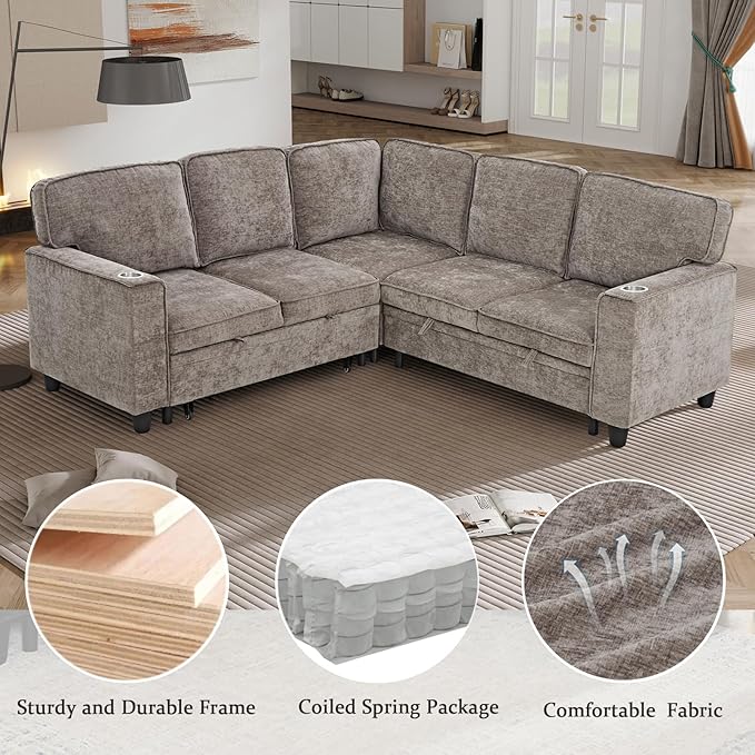 ERYE L-Shaped Symmetrical Sleeper Sectional Sofa W/Pull Out Sleeper Couch Bed and Storage Seat for Living Room Chenille Tufted Corner Convertible Sofa Bed with USB-C Ports