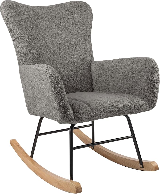 Rocking Chair - Teddy Fabric Upholstered Chair with Padded Seat and Contoured Armrests - Ergonomic Modern Rocker for Bedroom by Lavish Home (Gray)