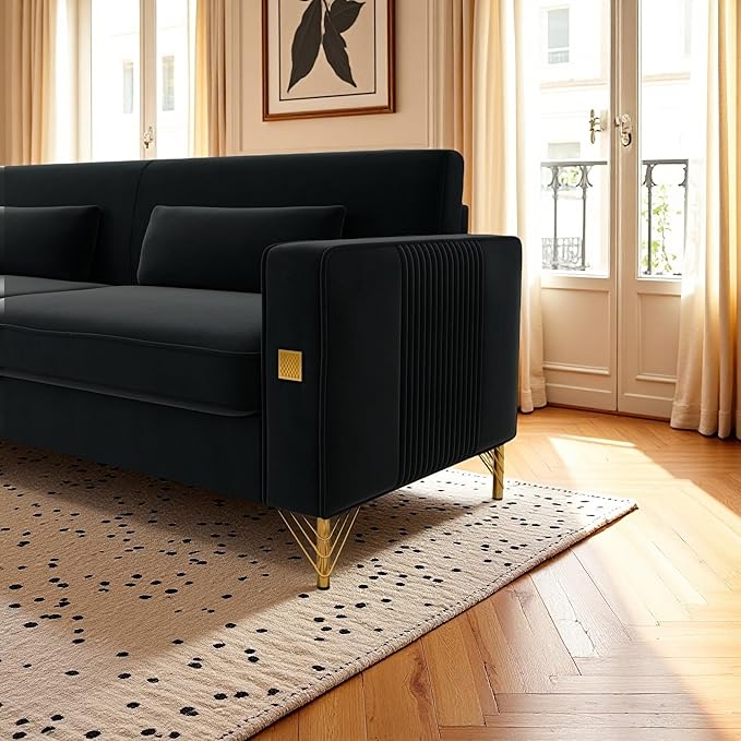 KEIKI 86 Oversized Luxury Velvet Sofa with Armrest and Removable Plush Cushions Minimalist Gold Accents 3-Seater Couch with Solid Legs Easy Assembly for Living Room Bedroom Apartment Black