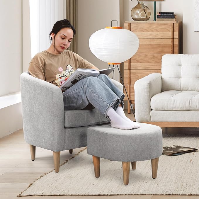 Athena Collection Modern Accent Chair with Ottoman Linen Barrel Sofa Chair Comfy Upholstered Armchair Reading Chair with Thickened Seat Cushion for Bedroom Living Room Gray