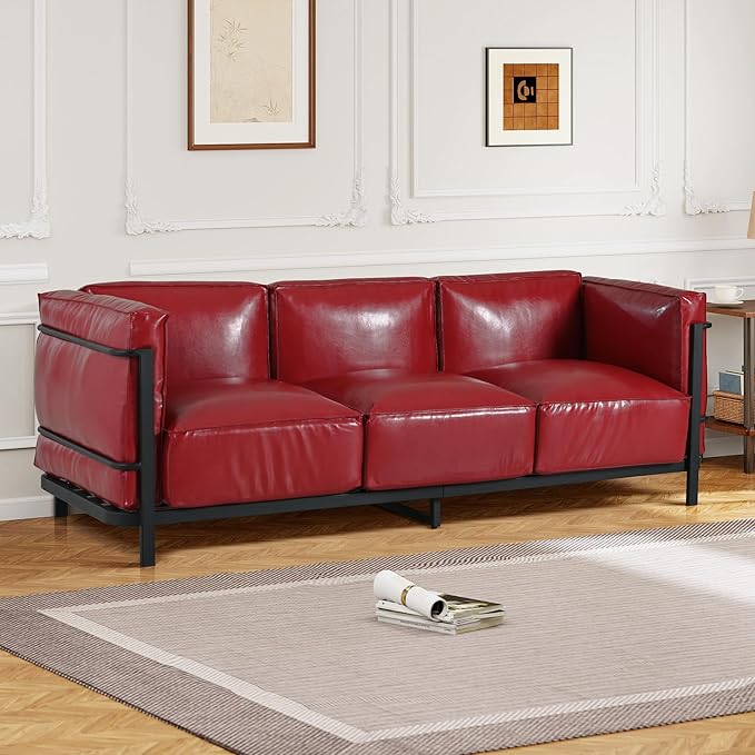 Minimalist Style 3 Seater Sofa Mid-Century Modern Faux Leather Sofa Couch with Fixed-Shape Iron Frame Upholstered Couch Chair for Living Room Office Apartment (Burgundy 3 Seater Sofa)