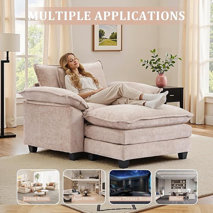 Oversized Accent Chair with OttomanOversize Chair Chenille Sofa with ArmrestsComfy Living Room Sofa with Deep Seat &amp PillowsOversized Reading Accent Chairs Couch Lounge for Bedroom (Khaki)
