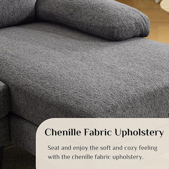 Karl home 110 U-Shape Sectional Couches for Living Room Chenille Upholstery 4 Seat Sofa Set with Double Chaises &amp Wood Grain Legs for Apartment Dark Grey
