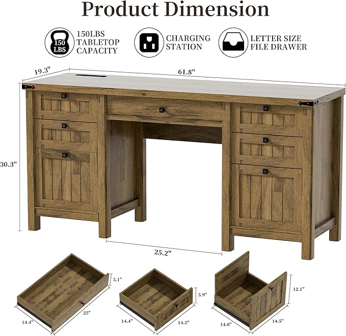 Executive Desk Modern Farmhouse Computer Desk with Drawers &amp Cabinet Home Office Desk for Work Study Writing Workspace (Light Brown 62)