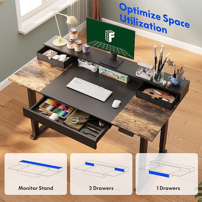 FLEXISPOT 4-Leg Standing Desk with Storage 71x32 in Electric Adjustable Height with 3 Drawers &amp Shelving Home Office Workstation (Black + Special Walnut Top)