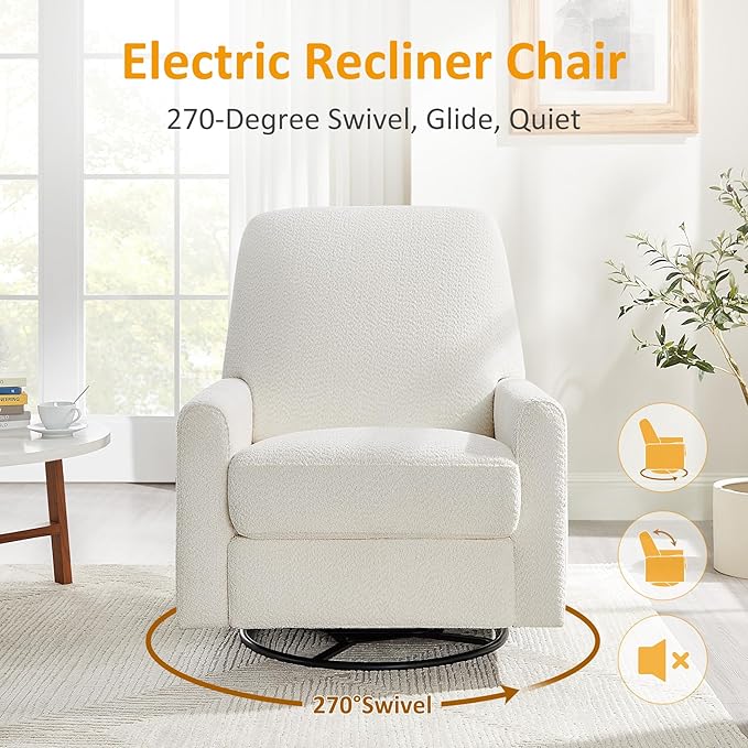 VANOMi Power Swivel Glider Recliner Chair Electric Nursery Rocker Recliner Chair USB &amp Type-C Charger Boucle White