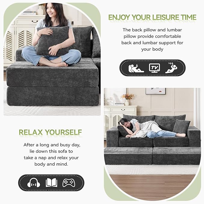 79 Boneless Cloud Loveseat Sofa Couch Modular Foldable Floor Sofa with Ottoman Chenille Lounge Convertible Sofa Bed for Living Room No Assembly Dark Grey