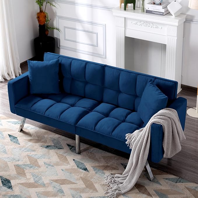 78 Modern Sofa Bed FutonConvertible Sleeper Bed Couch with 4 Reclining BackrestComfy Velvet Cloud Sofa Loveseat for Living Room Bedroom Office (Navy)