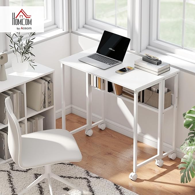 HOMCOM Small Folding Desk Rolling Computer Desk Foldable with Storage Bag and Shelf 31.5 Portable Writing Table on Wheels for Small Spaces Home Office Study Easy Assembly White