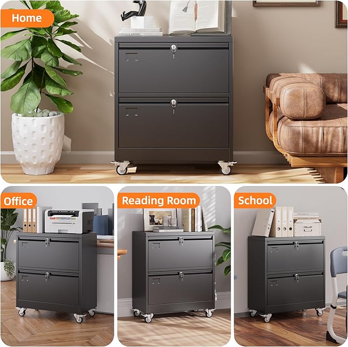 METAN Upgrade 2 Drawers Lateral File Cabinet on WheelsSteel Office Filing Storage Cabinet with 2 LocksAssembly RequiredBlack