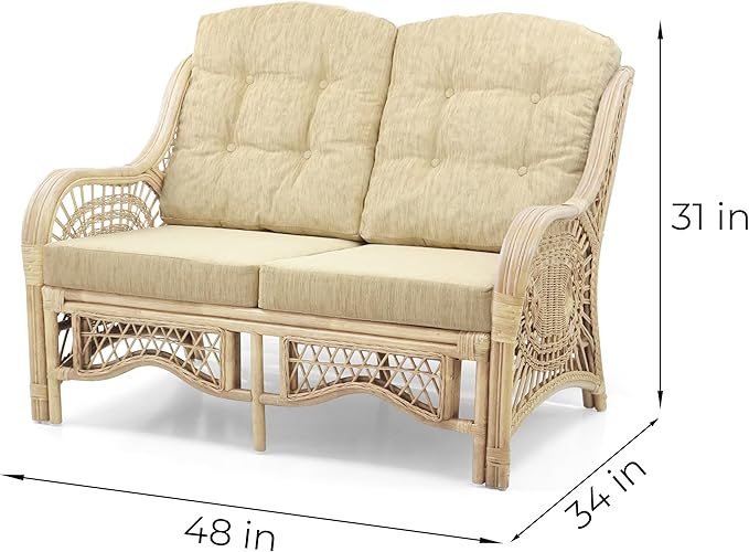 Wickerix Malibu Lounge Loveseat Natural Color Sofa Natural Rattan Wicker Handmade Design with Cream Cushions