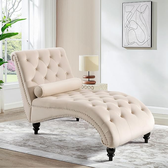 SLEERWAY Chaise Lounge Chair Indoor Modern Velvet Upholstered Sofa with Solid Wooden Leg and Lumbar Pillow Button Tufted Sleeper Chaise Lounge Chairs for Bedroom Living Room Office Beige