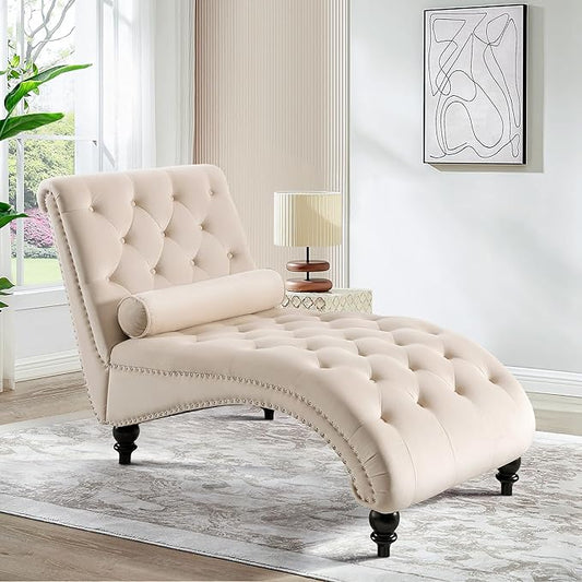 SLEERWAY Chaise Lounge Chair Indoor Modern Velvet Upholstered Sofa with Solid Wooden Leg and Lumbar Pillow Button Tufted Sleeper Chaise Lounge Chairs for Bedroom Living Room Office Beige