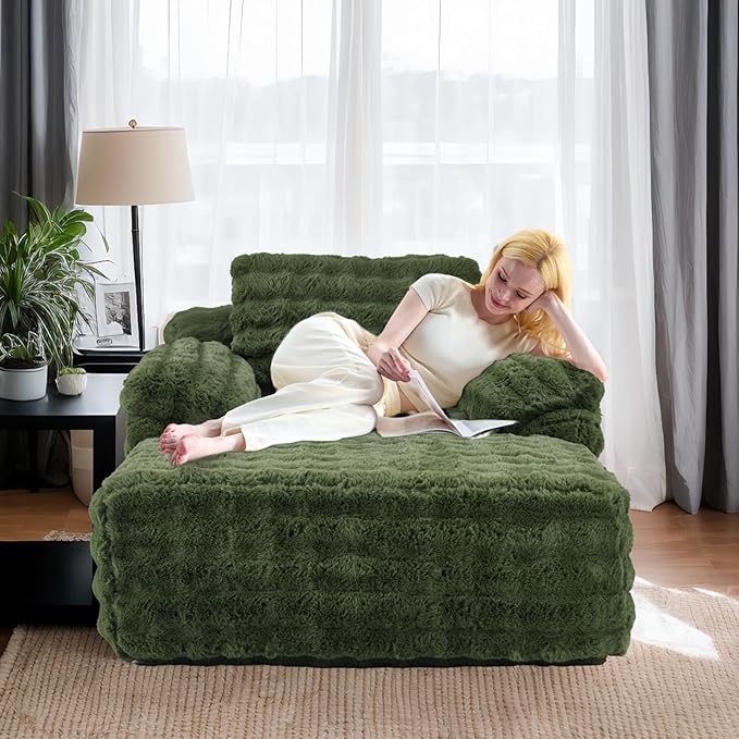 VINGLI 67.7 Oversized Chaise Lounge Chair Indoor Reading Chairs Comfy Bubble Fleece Upholstered Boneless Sofa Bed Sleeper Sofa Cloud Couches for Living Room Bedroom Play Room (Green)