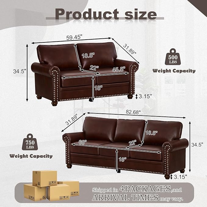 2 Piece Faux Leather Sofa SetModern Couch and Loveseat Sets with StorageMid Century Couch with Rivet Rolled ArmComfy Deep Seat SofaFurniture for Living RoomOffice(Loveseat+3 SeaterBurgundy)