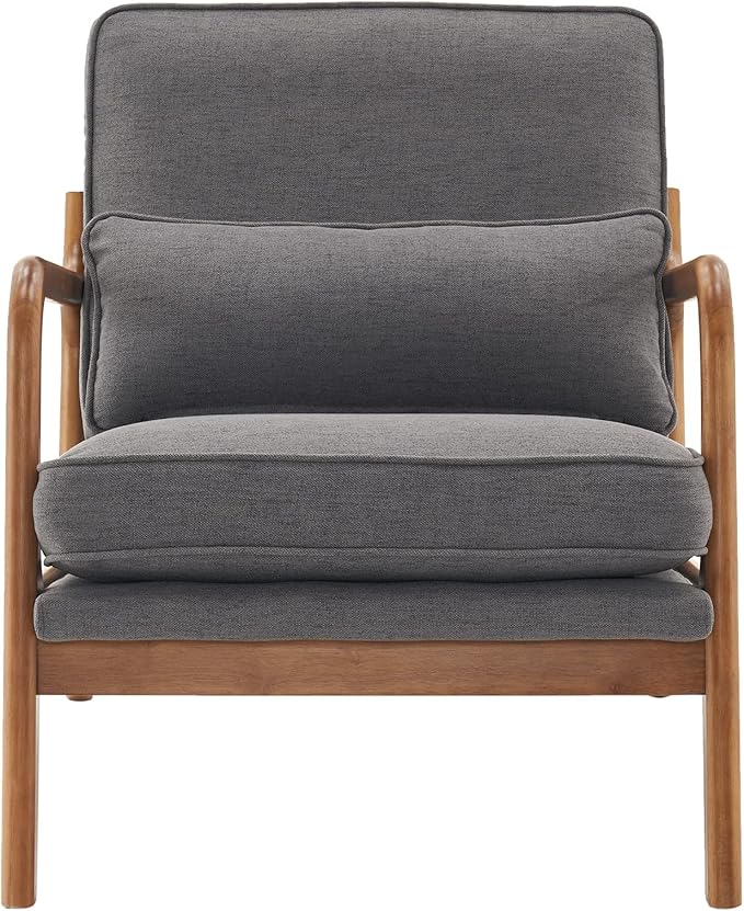 Mid Century Modern Accent Chair with Wood Frame Upholstered Living Room Chairs with Waist Cushion Reading Armchair for Bedroom Sunroom (Dark Grey)