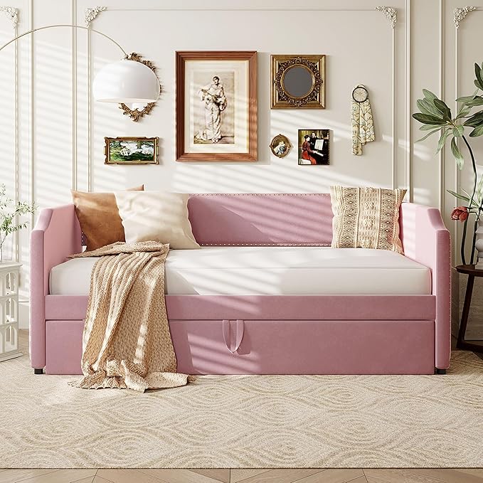 Flieks Twin Size Velvet Upholstered Daybed with Pop-Up Trundle 2-in-1 Convertible Sofa Bed for Small Space Modern Daybed for Guest/Kids Room in Pink (Mattress Not Included)