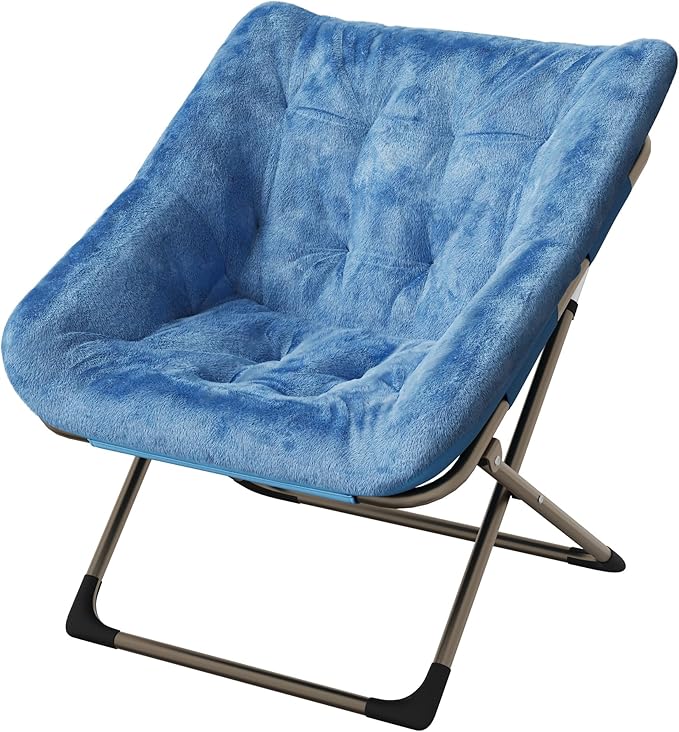 Collapsible Soft Faux Rabbit Fur Saucer Lounge Chair Comfy Lounge Lazy Chair Metal Frame Reading Chairs for Office Living Room Bedroom Small Spaces No Assembly Blue