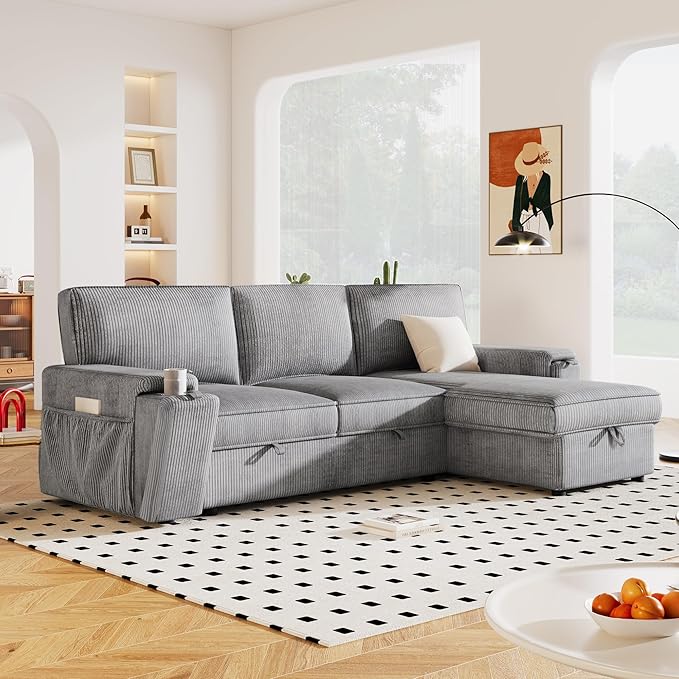 Modern Upholstered L-Shaped Convertible Corner Sofa Couch Pull-Out Sofa Bed Sleeper Sectional Sofa with Storage Bags and 2 Cup Holders on Arms for Living Room Office Apartment (Grey-2C)