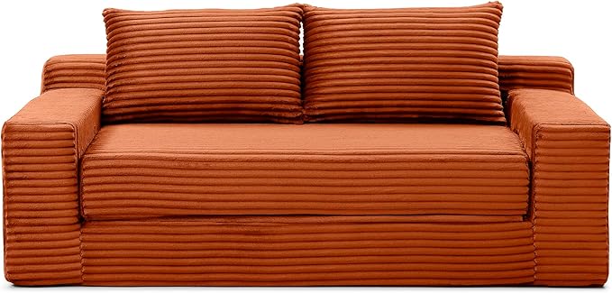 73 Convertible Sofa Bed Pull Out Loveseat Sleeper Sofa with Side Pockets 2 in 1 Folding Couch Bed Fold Out Floor Couch Lounge Sofa with 2 Pillows for Living Room Apartment (Orange)