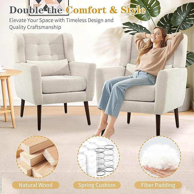 Modern Accent Chair Upholstered Armchair with Pillow Fabric Single Sofa Chair with Lounge Seat and Wood Legs Accent Chair for Living Room Bedroom Small Spaces (Beige Set of 2)