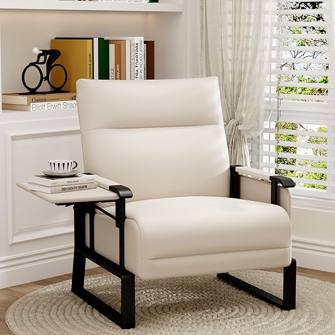 PU Leather Accent Chair Upholstered Armchair with Side Table for Bedroom Living Room Chairs Office Club Chair Beige