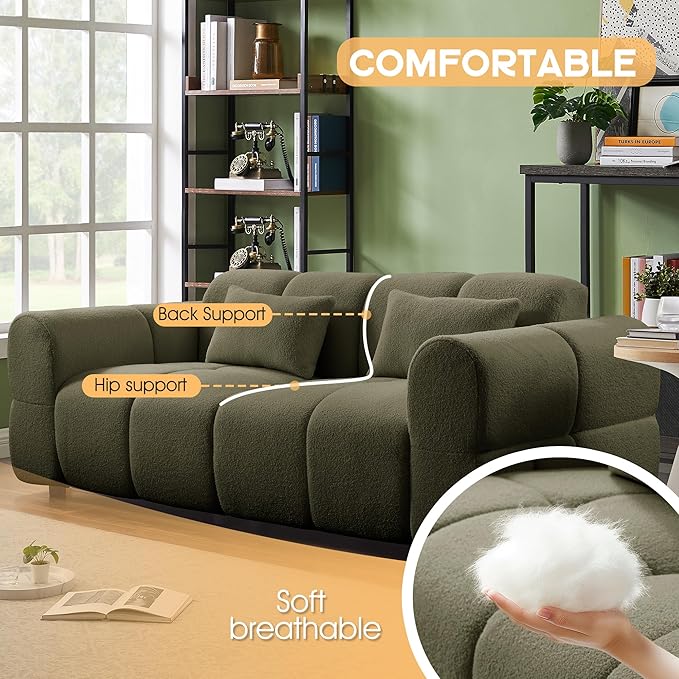 80 Modern Sofa Couch Comfy Deep Seat Teddy Cloud Sofa Upholstered 3-Seater Boucle Couch Oversized Loveseat for Living Room Bedroom Office Apartment(Green)