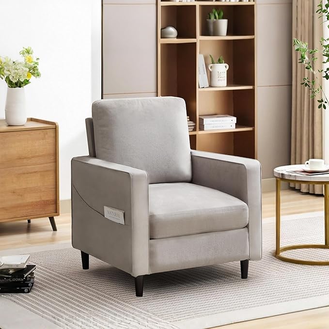 Mid Century Accent ChairModern Linen Fabric Armchair for Living RoomDouble Side Pockets Comfortable and Padded Reading Feature Sofa Chair Suitable for bedrooms Living Rooms and Offices1 Pcs