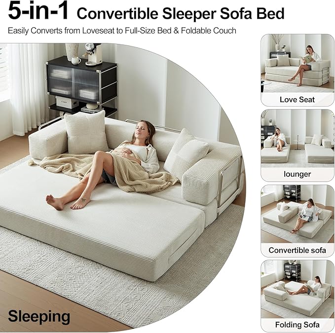 79 Boneless Sofa Bed 5-in-1 No-Assembly Convertible Sleeper Couch with Fixed Frame Armrests Modular Corduroy Futon Compressed in a Box for Space Saving (Beige Includes 2 Pillows)