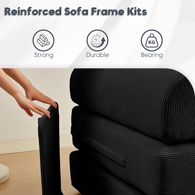 Modular L Shaped Sofa Bed with Cylindrical Pillow &amp Reversible Chaise Corduroy Convertible Floor Boneless Sofa Couch Bed with Fixed-Shape Frame &amp Storage Pocket for Living Room Black
