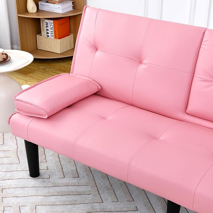 KEIKI Sleeper Sofa Bed with Cup Holder 3 in 1 Convertible Futon Sofa Bed for Living Room Dorm Home Office Pink