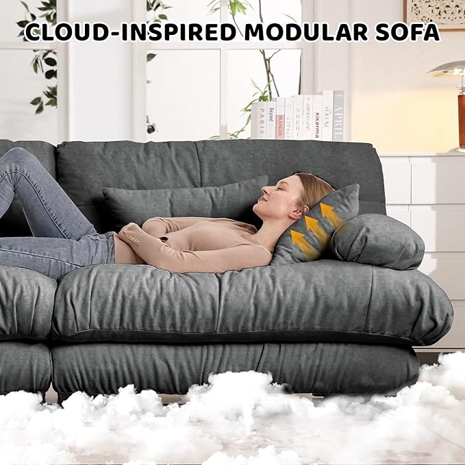 Modular Sectional Sofa Comfy Sofa Cloud Couch 3 Seater Couch for Living Room Modern Oversized Sleeper Deep Seat with 5 Pillows Chenille Gray